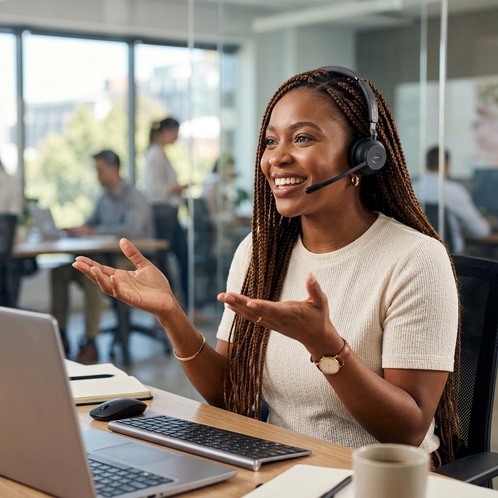 Une conseillère logistique souriante en pleine conversation avec un client à Lomé.